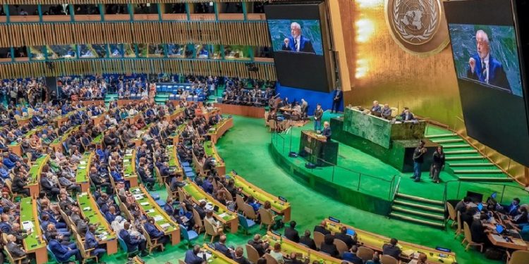 O presidente Lula durante a abertura da Assembleia Geral da ONU em 2023: aposta no multilateralismo. Foto: Ricardo Stuckert / PR